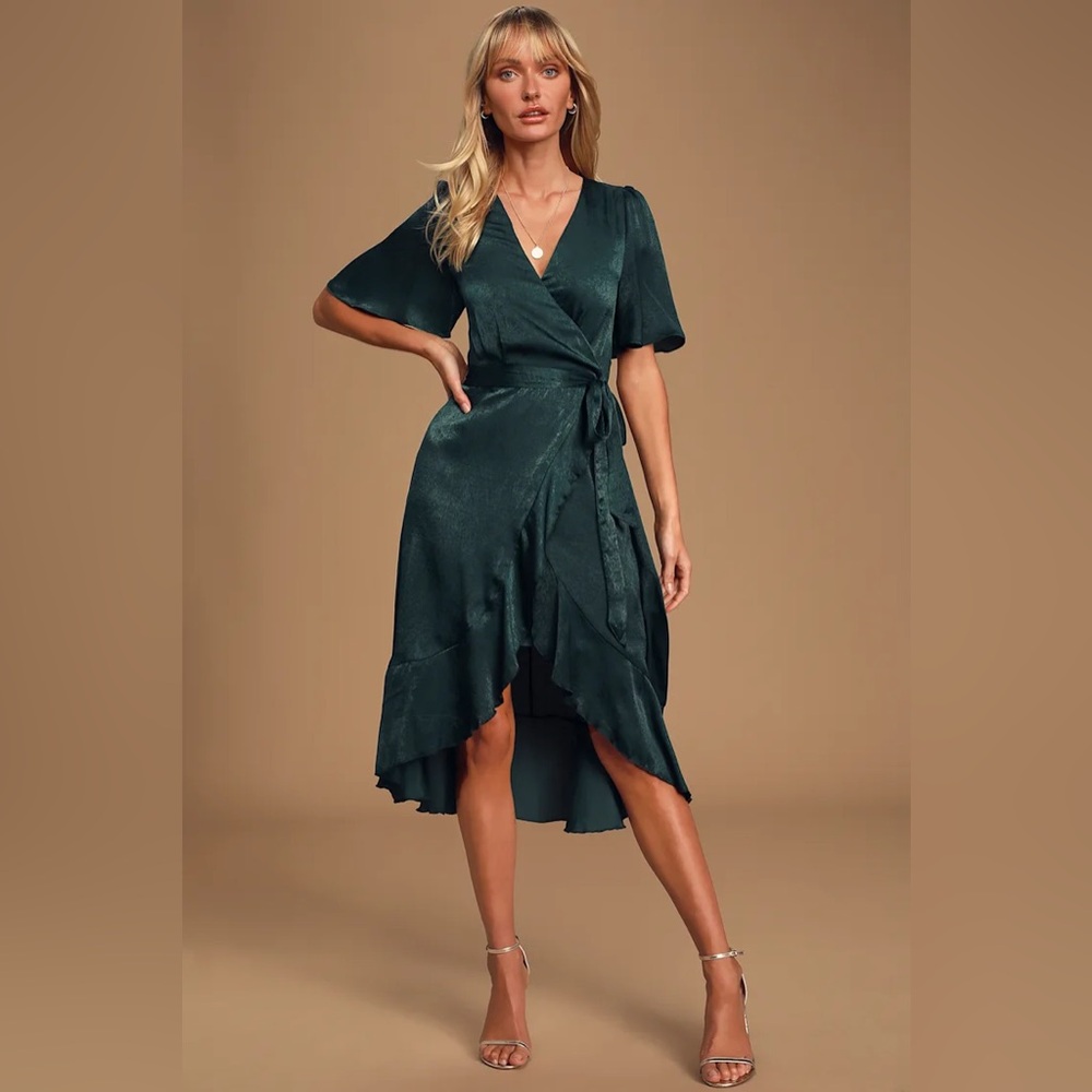 NWT Lulus Wrapped Up In Love Dark Green Satin Faux-Wrap Midi Dress Women's M - Picture 10 of 10